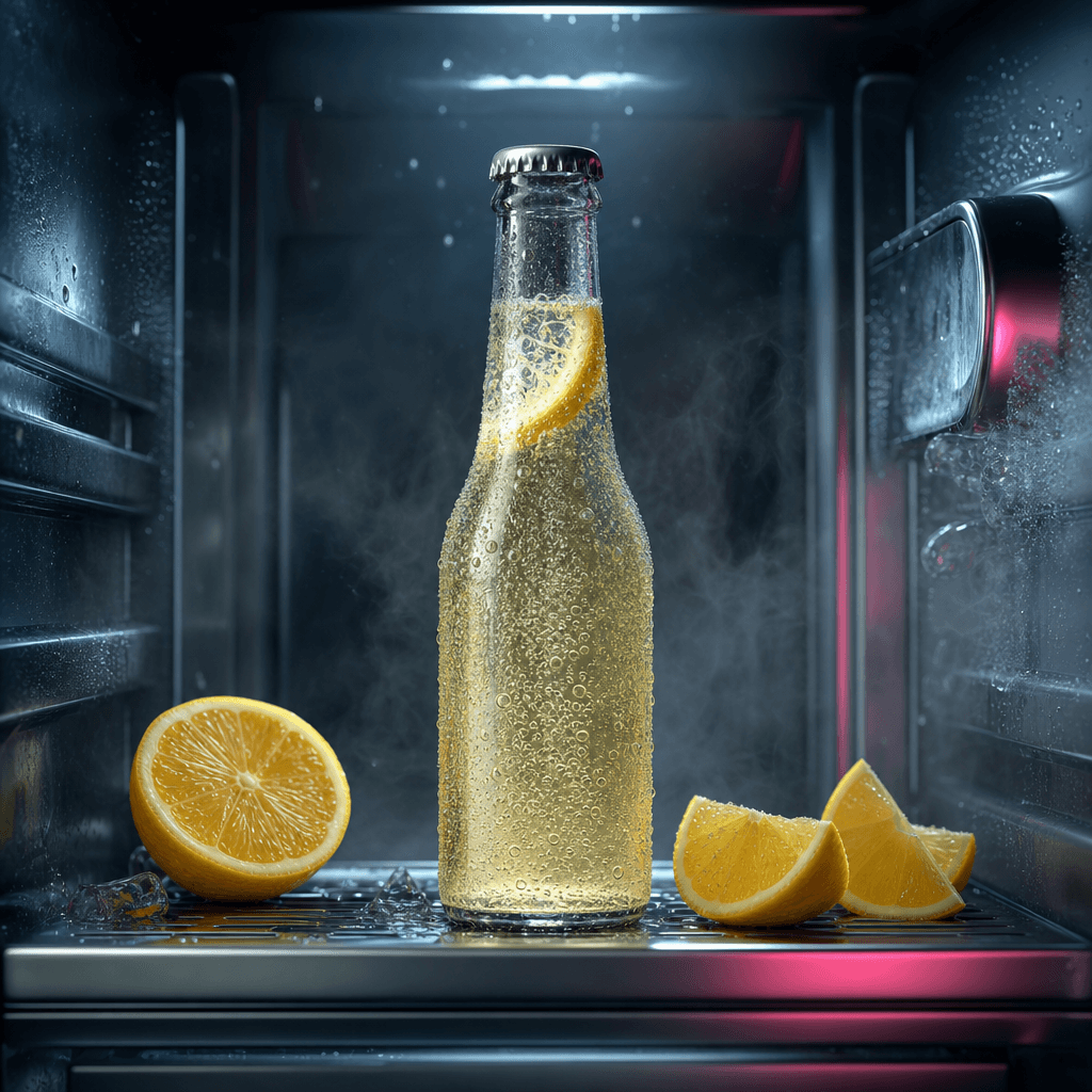 Glass bottle of sparkling citrus drink standing on a refrigerator shelf among sliced lemons and brushed steel details, d