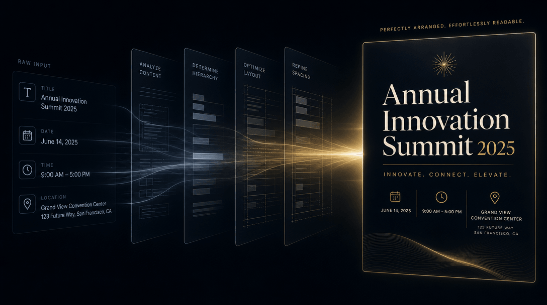 Abstract visualization of intelligent text layout and hierarchy: event details (title, date, time, location) flowing int