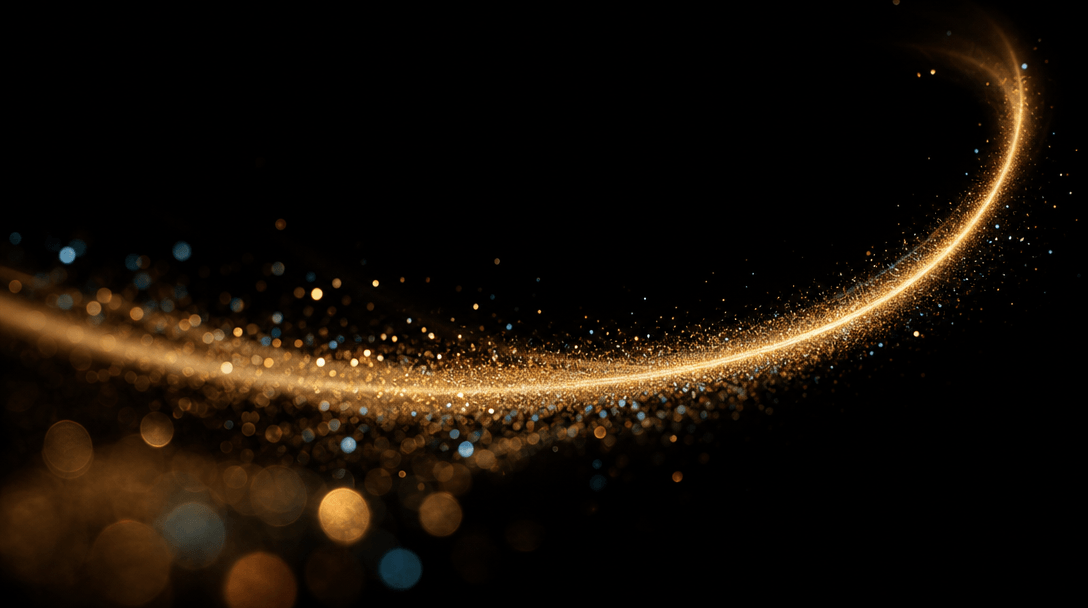 Abstract: a fine golden light trail arcing smoothly across a pure black canvas in a slow deliberate curve, mimicking the