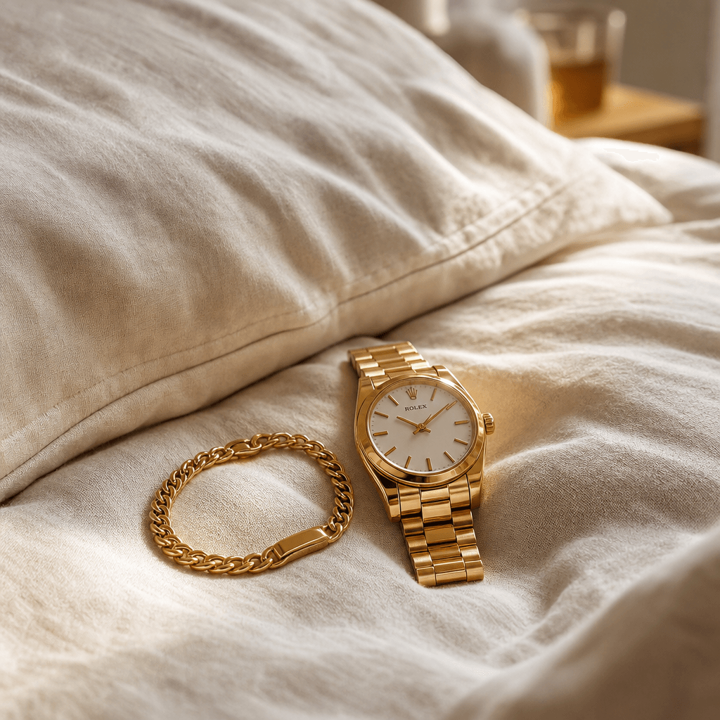 Gold bracelet and luxury watch arranged on cream linen pillowcase, cozy morning bedroom aesthetic, warm natural light fi