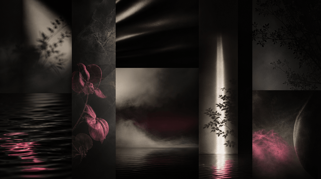 Abstract layers of mist, translucent botanical shadows, rippling water, and narrow beams of off-white light arranged lik