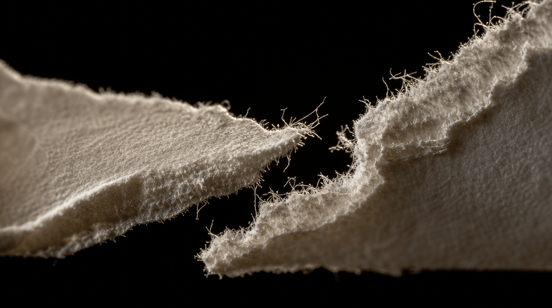 Extreme close-up macro of torn white paper edges in dramatic raking side-light. Pure black background. Sharp paper fiber