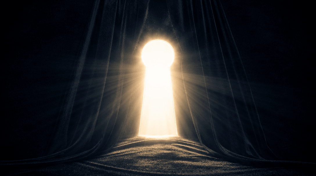 Dramatic keyhole-shaped light portal opening in dark velvet background, light rays streaming through, ethereal glow, pro