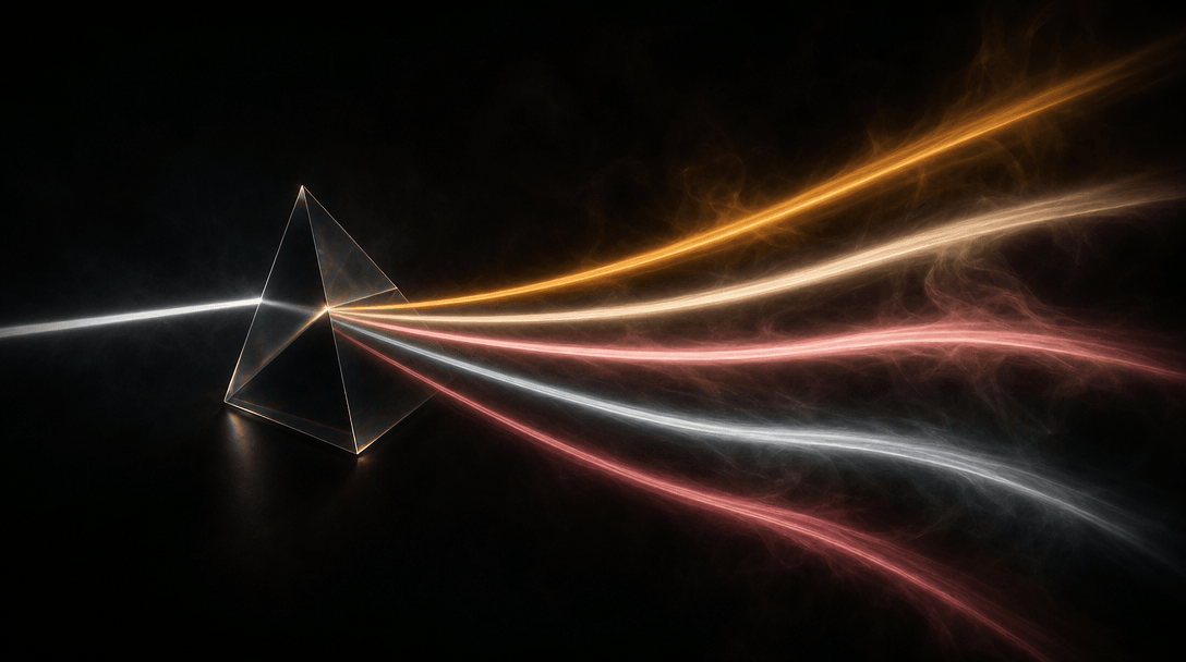 Abstract prism light split on deep dark background: a thin beam of white light enters from the left and fractures into f
