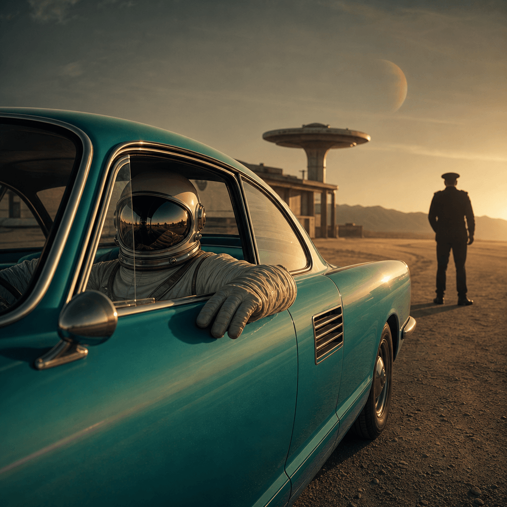 An original retro-futurist astronaut calmly seated in a turquoise classic coupe during a fictional desert roadside stop.