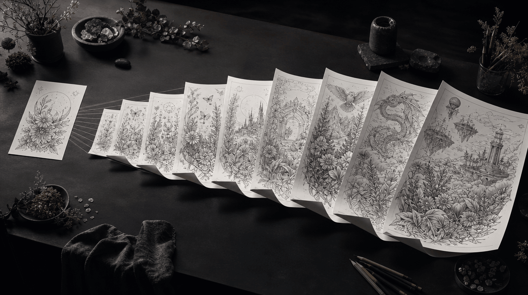 A long dark studio worktable with a growing sequence of coordinated black-and-white coloring pages spreading outward fro