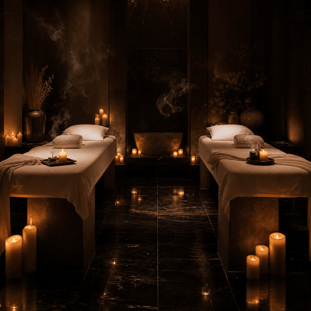 A luxury hotel spa treatment room — two stone massage beds draped with pristine white linen, clusters of lit pillar cand
