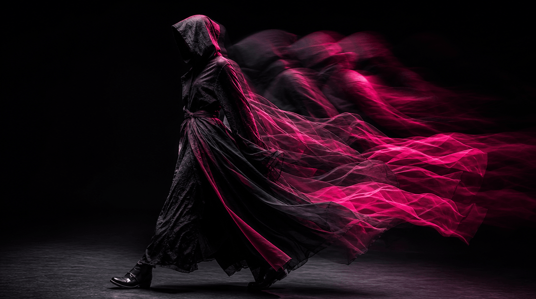A single fashion photograph appearing to transition from stillness into motion through layered fabric trails and precise