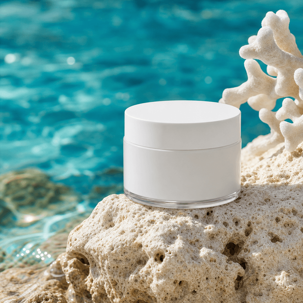 A clean white skincare jar balanced on pale coral stone above turquoise water, restrained tropical palette, sharp midday