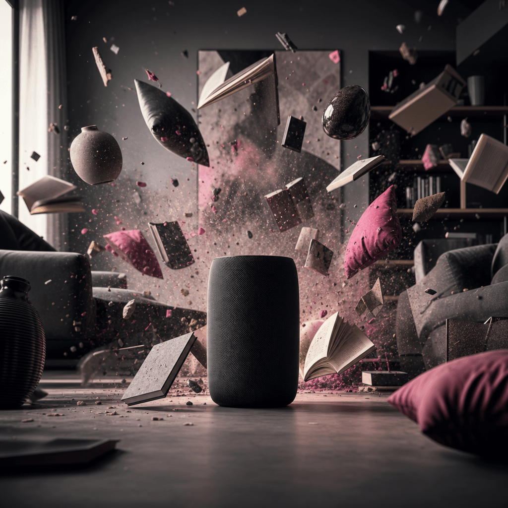 A sleek black wireless speaker as the calm hero in a modern living room disaster, books, cushions, and decorative object