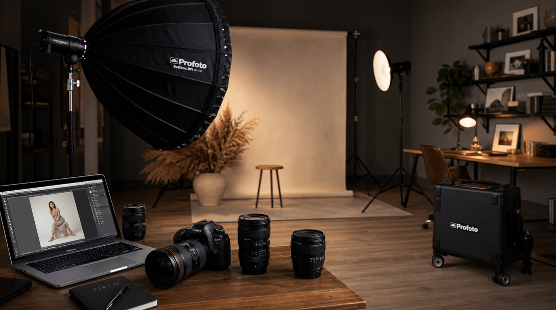 An atmospheric scene showcasing professional quality photography equipment and elegant studio setups. The lighting shoul