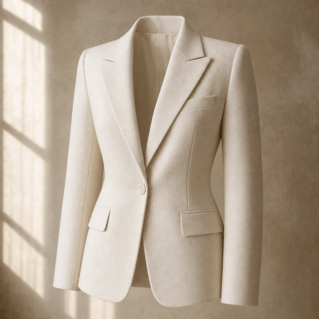 A tailored cream blazer displayed on an invisible form against a warm neutral textured background, soft diffused window 