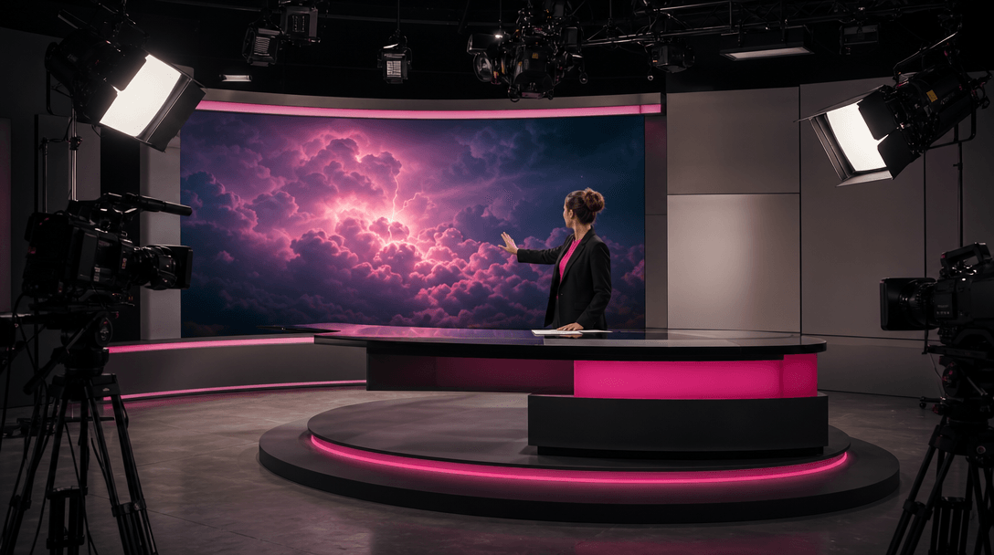 A clearly theatrical fictional news production set with visible cinema lights, neutral cameras, blank backdrop panels, a