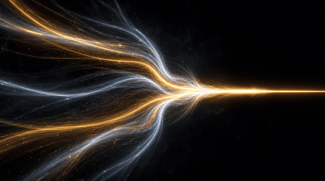 Abstract visual of multiple streams of light in deep dark space converging into a single sharp beam, representing multi-