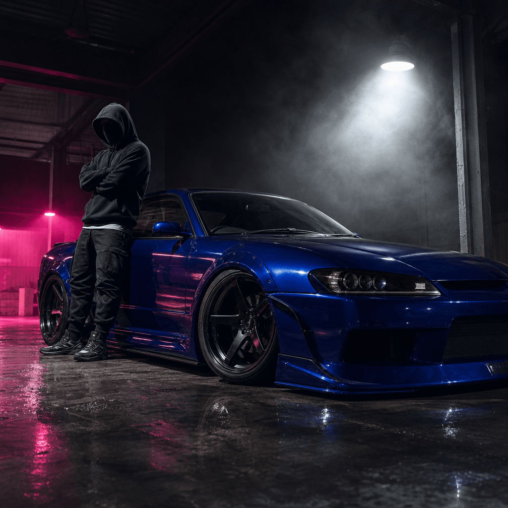 Anonymous streetwear model beside a deep blue modified coupe in a dim warehouse, hard studio spotlight cutting through a