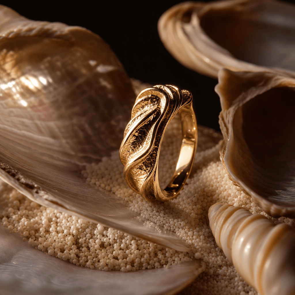 A sculptural gold ring displayed between pearlescent seashells and fine pale sand, dark editorial jewelry photography, s