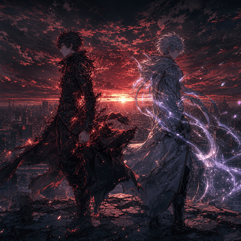 Two original anime battle heroes facing opposite directions on a fractured rooftop above a dense city, one surrounded by