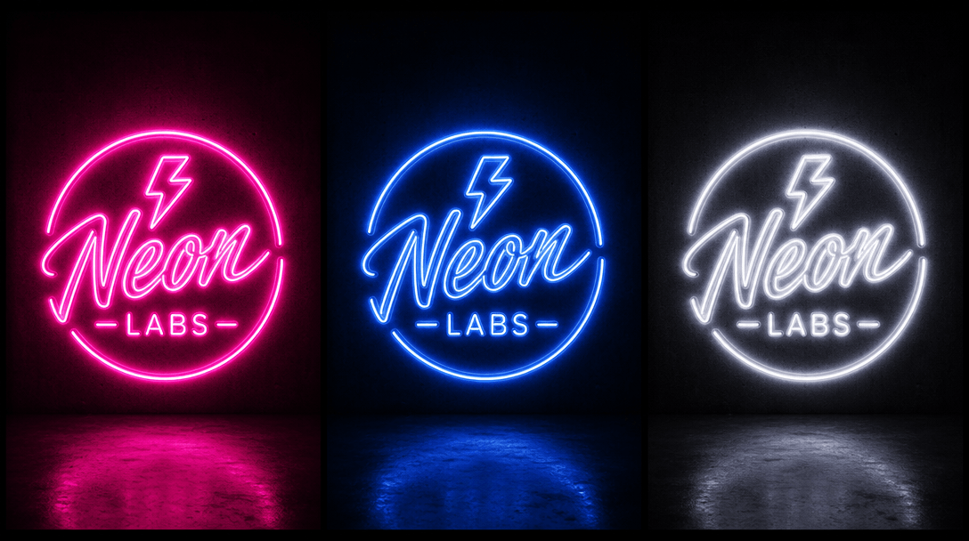 Array of three neon sign variations side-by-side showing same logo in different colors (hot pink, electric blue, cool wh