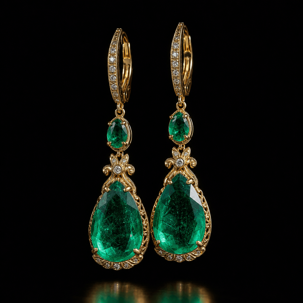 Pair of emerald drop earrings suspended against deep black background, split lighting revealing stone clarity and gold s