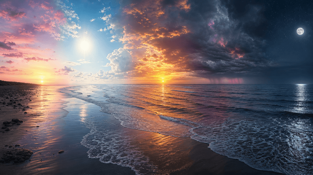 One continuous shoreline transitioning across dawn, bright midday, golden sunset, stormy overcast, and moonlit night, ci