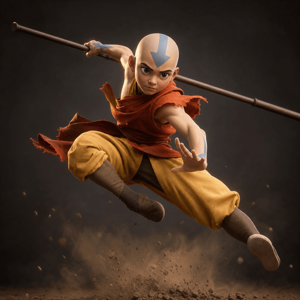 Dynamic action pose of animated character model with energetic movement, professional studio backdrop, dramatic lighting