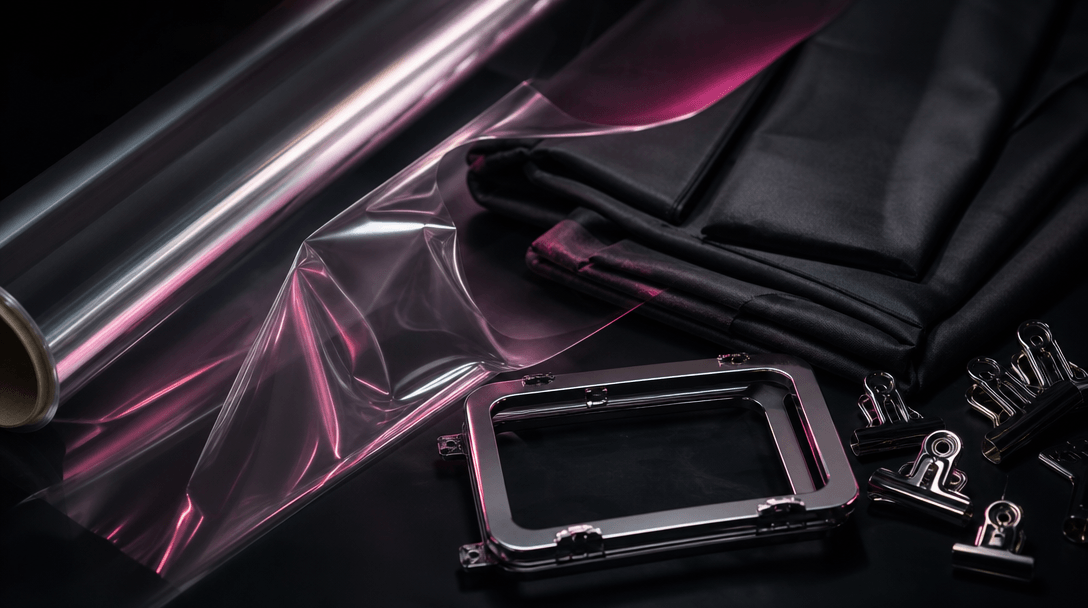 A meticulously arranged studio still life of transparent film, folded black fabric, chrome clips, and a rectangular seal