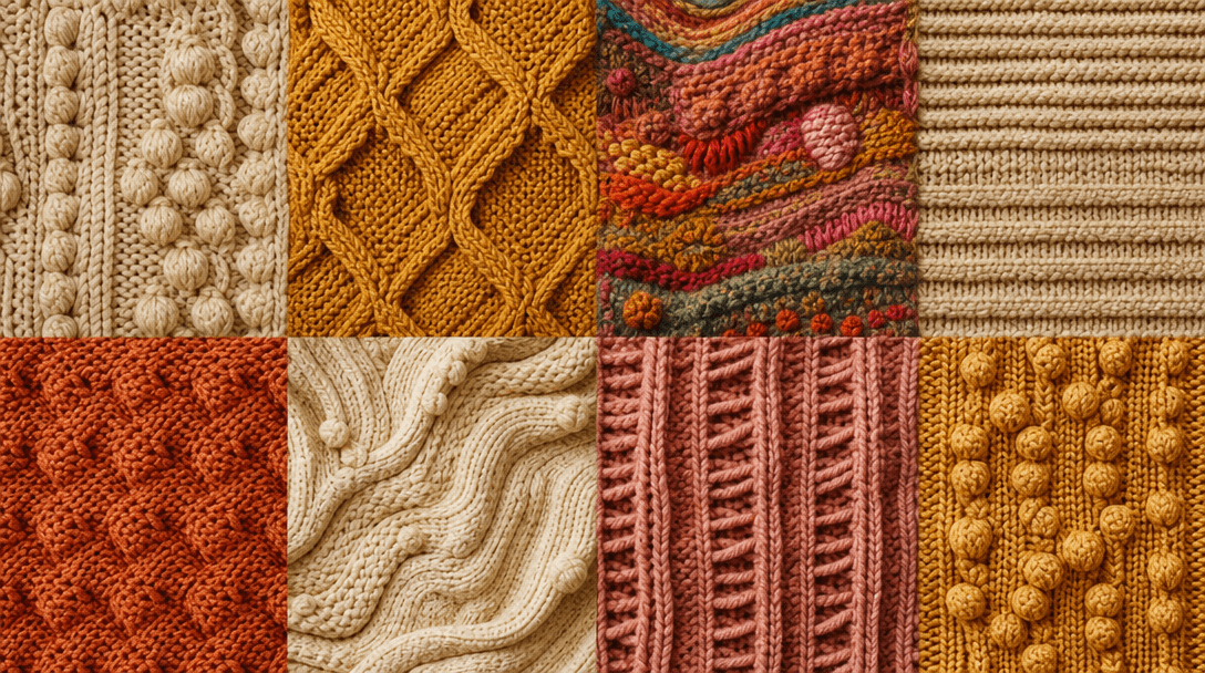 Abstract textured knit patterns: dimensional stitch surfaces, yarn texture variations, warm color palette, craft detail,
