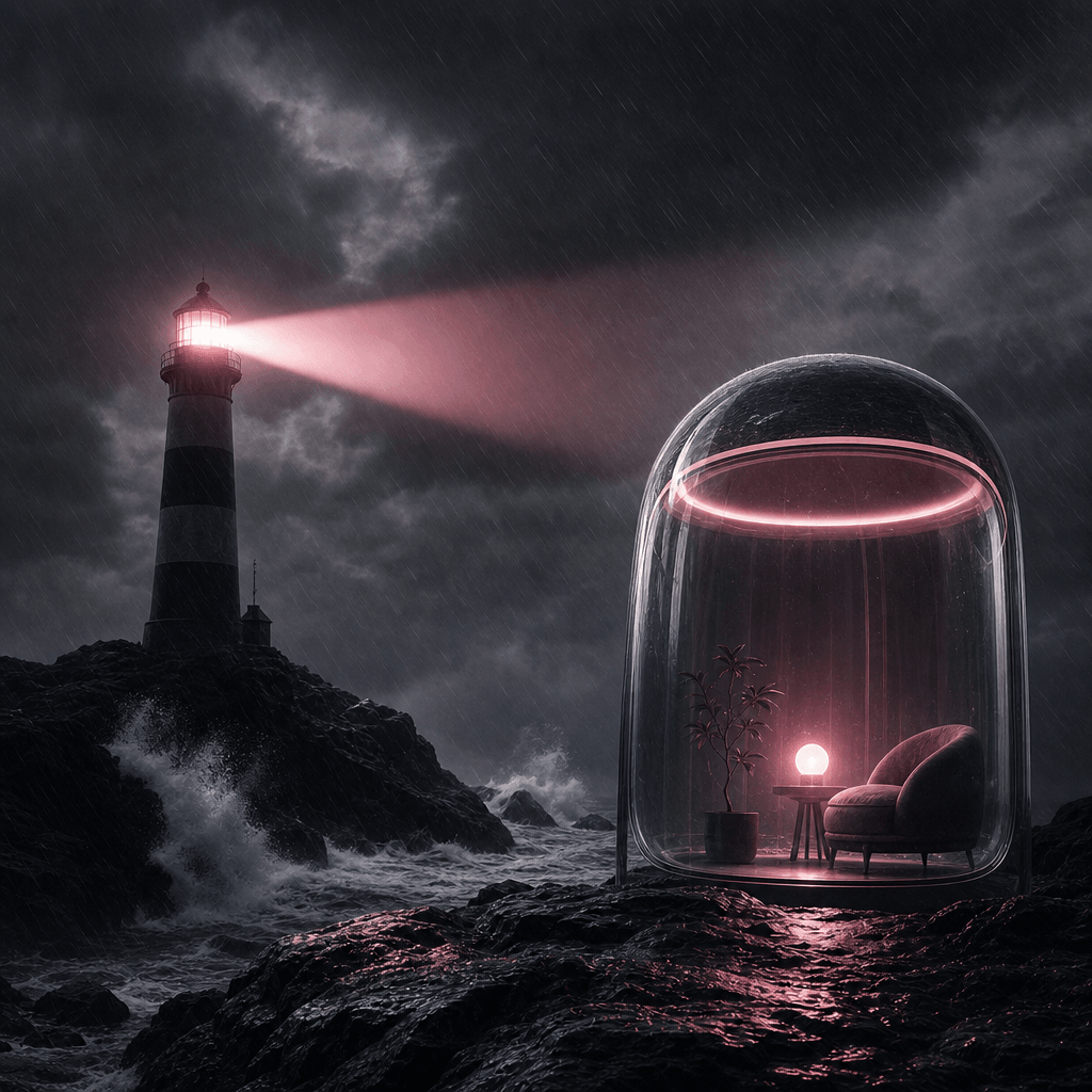 A square visual analogy comparing emotional resilience with a lighthouse standing through a powerful storm, the beam mir