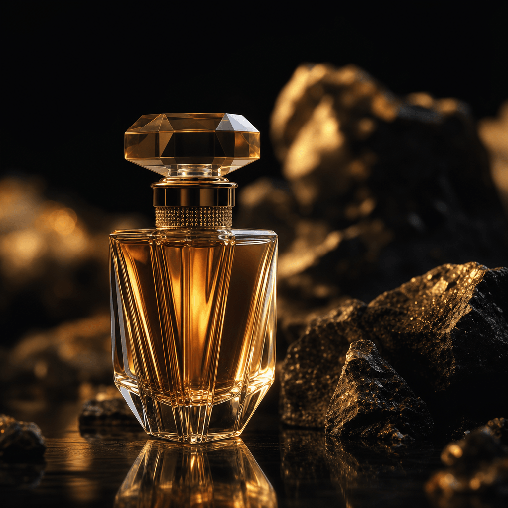 Cinematic product shot: a luxury perfume bottle on a reflective obsidian surface, warm golden rim light catching glass f