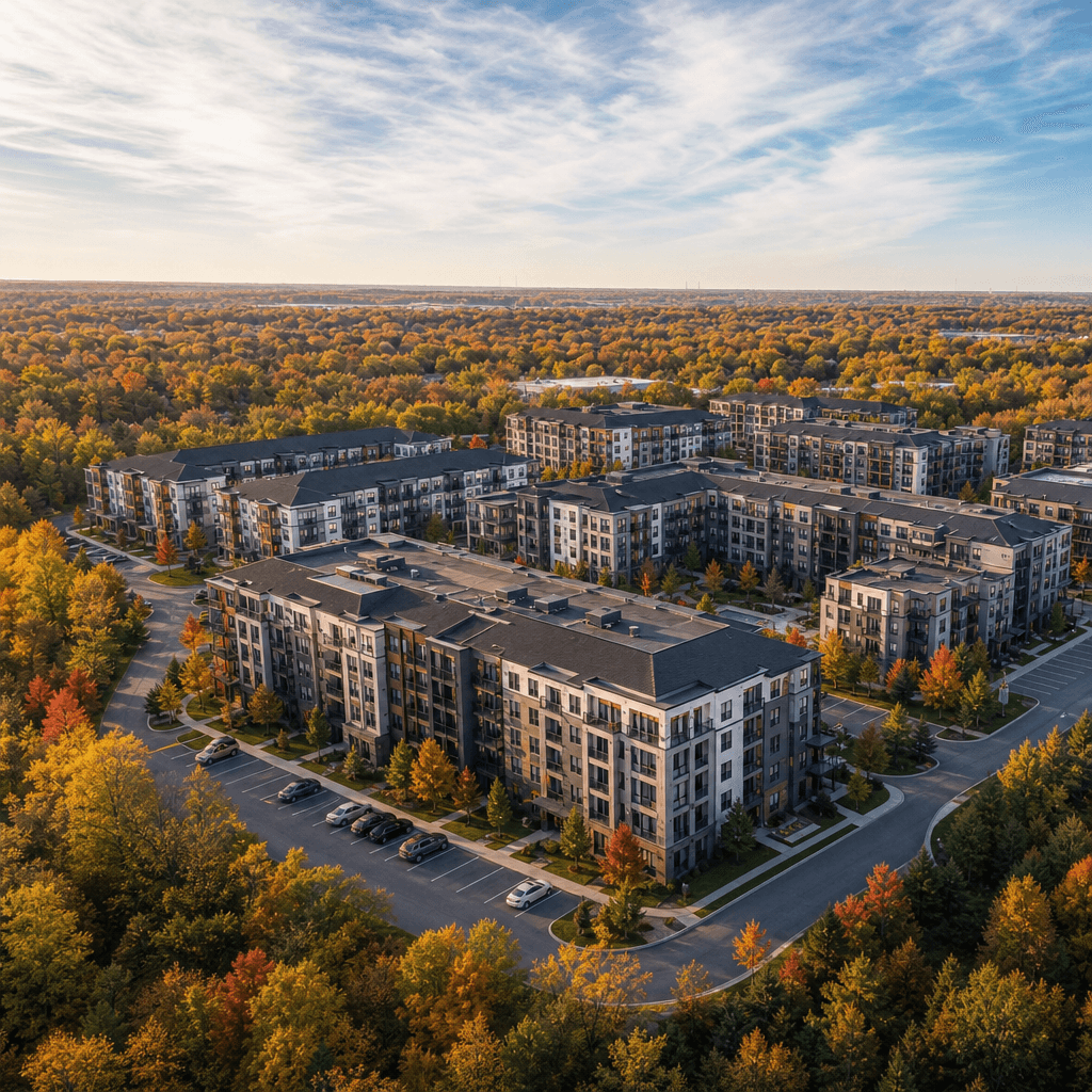 Sweeping medium-altitude aerial perspective of a large modern apartment development nestled in autumn-colored deciduous 