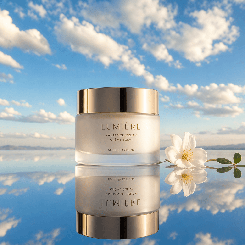 A beauty product elegantly placed on a reflective surface with a clear blue sky mirrored above, creating a captivating v