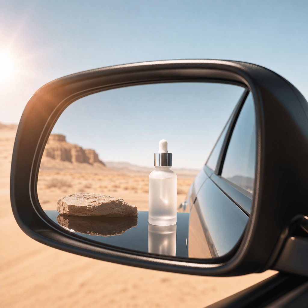 A frosted skincare serum bottle reflected in a clean car mirror during a bright desert road trip, pale sand and washed b
