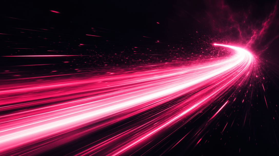 Wide cinematic abstract visualization. A bold curved light trail blazes across a deep near-black background at high velo