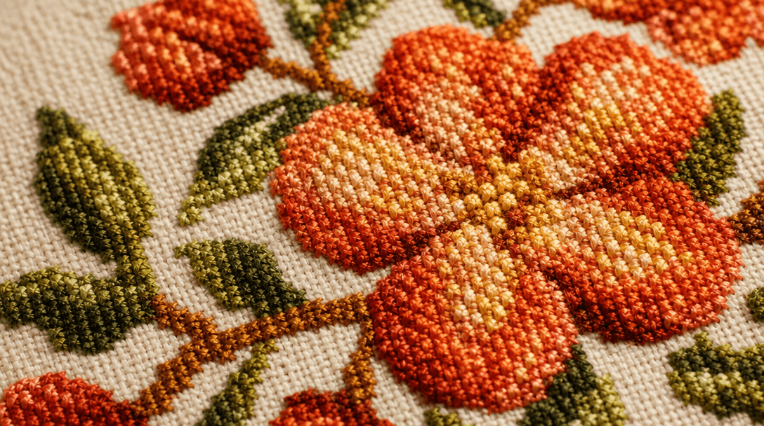 Close-up macro shot of embroidered fabric, detailed thread work, cross-stitches visible, warm colors, textured needle ma