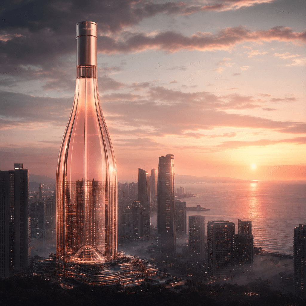 A rosé bottle reimagined as a luminous coastal skyscraper overlooking a sophisticated seaside city at sunset, pale pink 