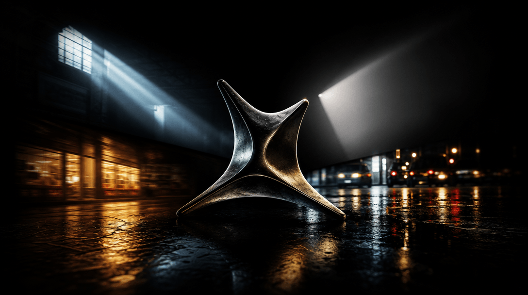 Four cinematic light environments converging around one abstract metallic object: cold warehouse beam, warm storefront g
