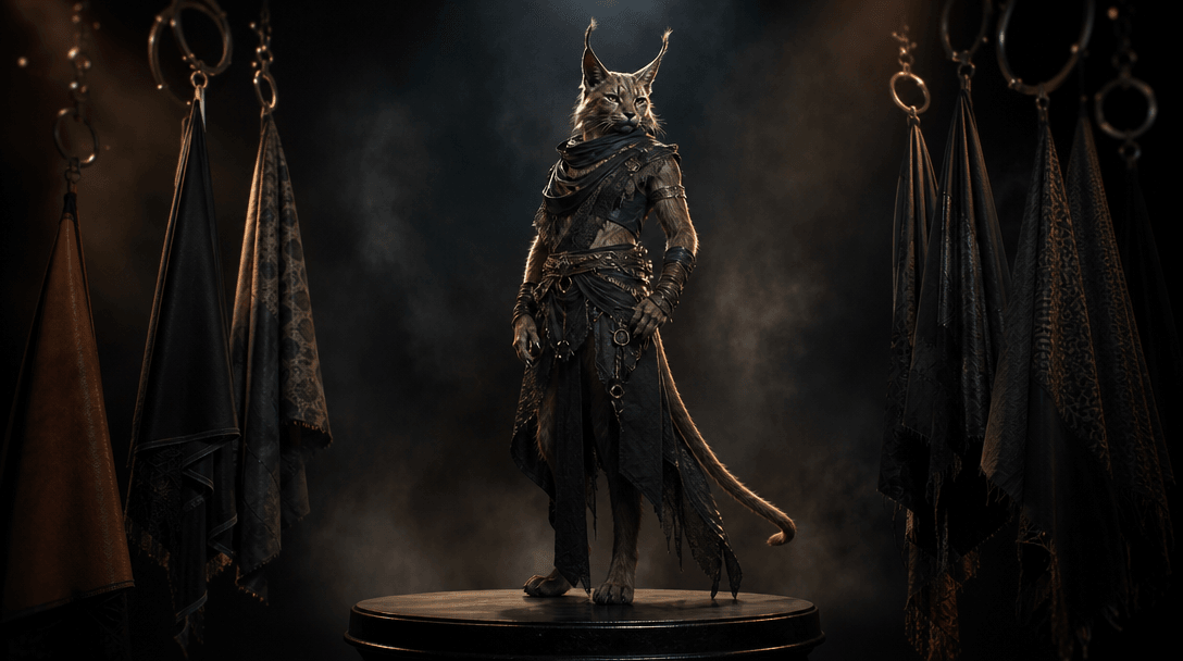 A finished anthropomorphic character silhouette on a black studio pedestal, surrounded by controlled rim lights, fabric 