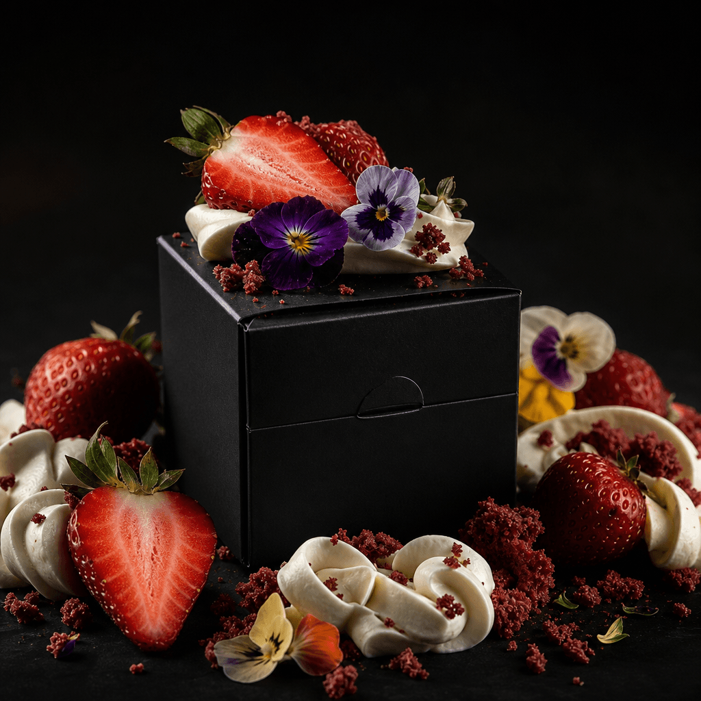 Small dessert package staged with strawberries, whipped cream ribbons, edible flowers, and scattered cake crumbs, dramat