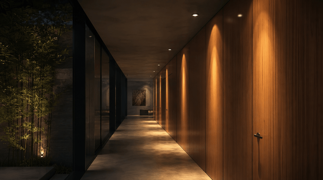 Photorealistic CGI render of a modern architectural interior corridor in evening lighting scenario. Recessed ceiling spo