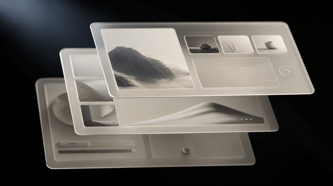 Three layered translucent UI panels floating at different depths in a dark editorial environment, each casting a precise
