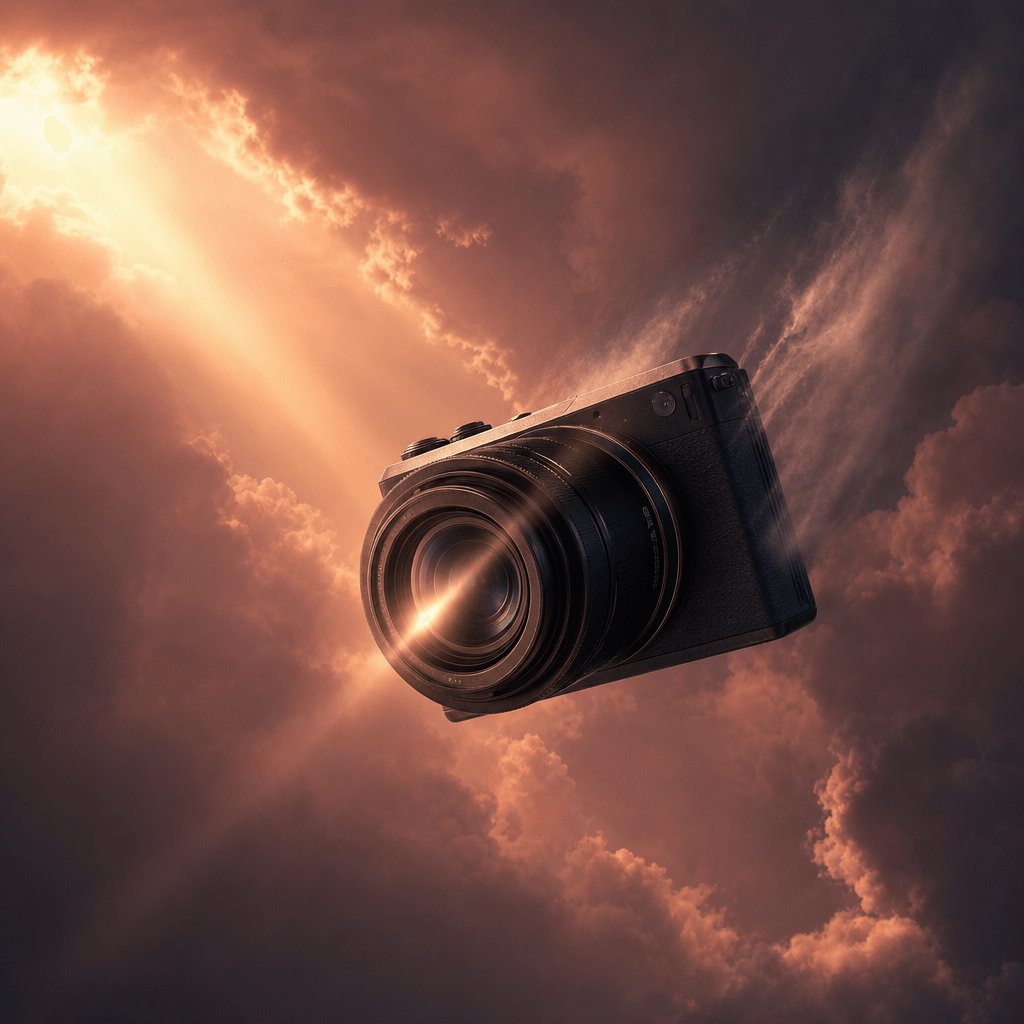 A compact mirrorless camera descending through rose-colored evening clouds, lens catching a narrow beam of golden sunlig