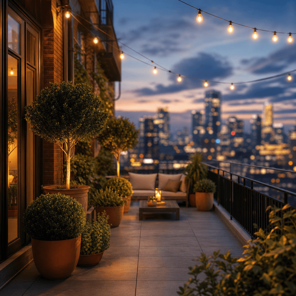 Apartment balcony terrace at dusk — terracotta planters with structured greenery, string lights casting warm amber glow,