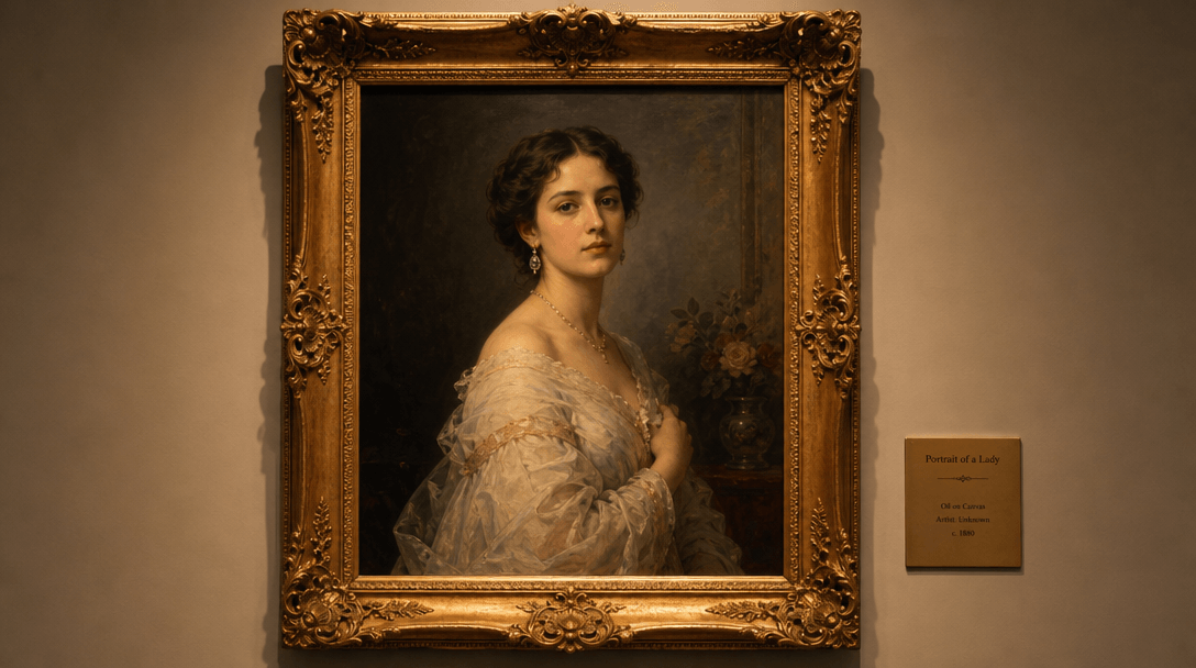 Finished classical portrait painting displayed in ornate elegant frame, gallery wall with warm ambient lighting, profess