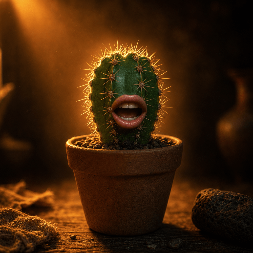 A small green potted cactus with animated cartoon-style speaking lips in mid-speech, dramatic amber backlight creating a
