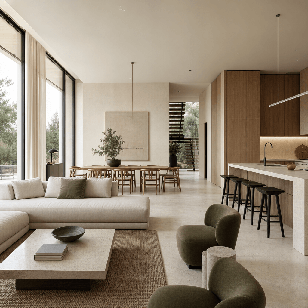 Architectural CGI render of a minimalist open-plan interior — pale limestone floors, full-height windows flooding the sp
