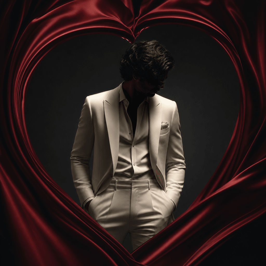 Anonymous man in a tailored ivory suit framed by burgundy silk curtains curling into a heart, dramatic spotlight, deep c