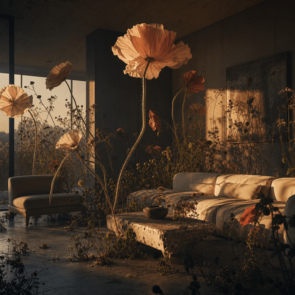 A quiet modern living room overtaken by giant wildflowers emerging through the floor and curling around minimalist furni