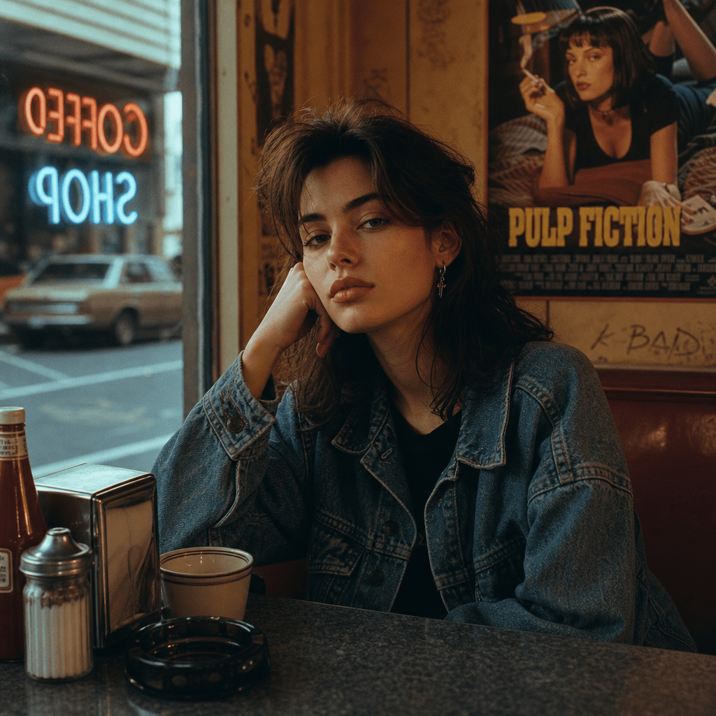 An artistic representation of a 90's film scene, featuring a model in a classic 90's setting, highlighting the unique co