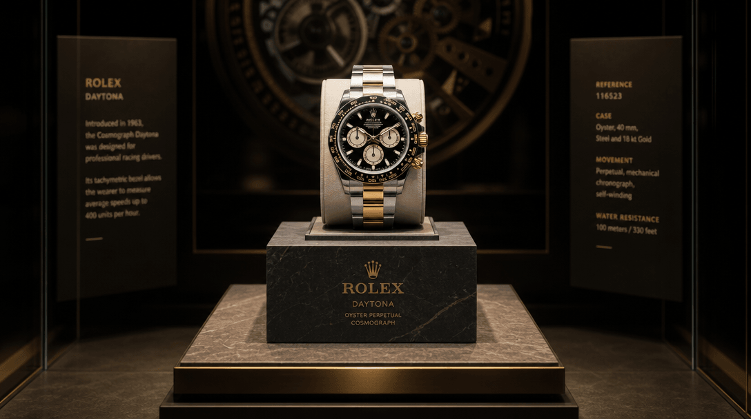 High-end watch display on museum-quality pedestal, gallery lighting, professional presentation, dark sophisticated backg