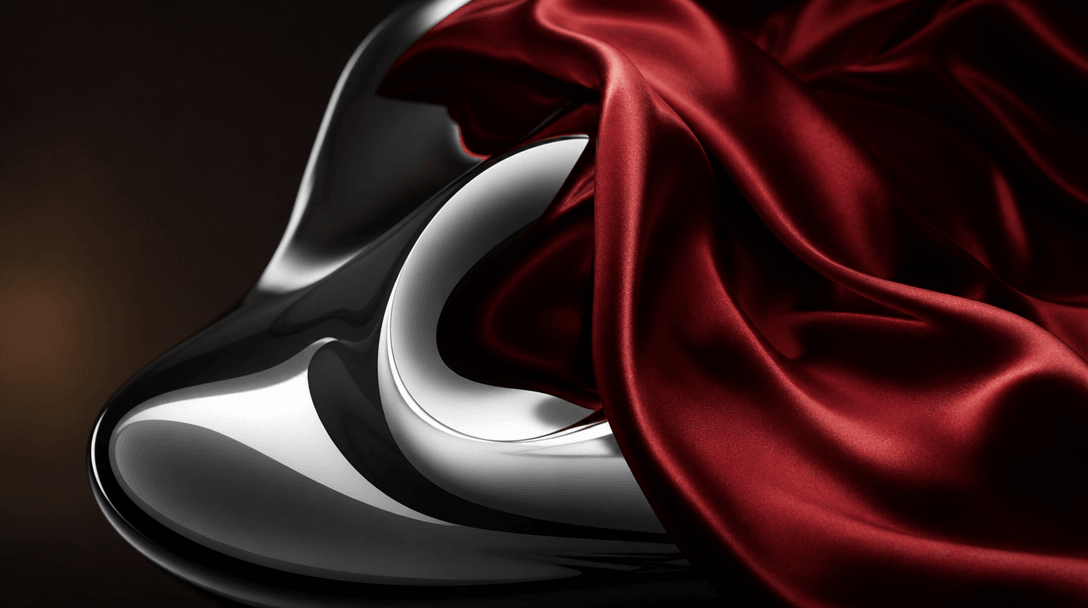 Abstract luxury material study—polished silver surface reflecting light, flowing silk fabric in deep red, representing s